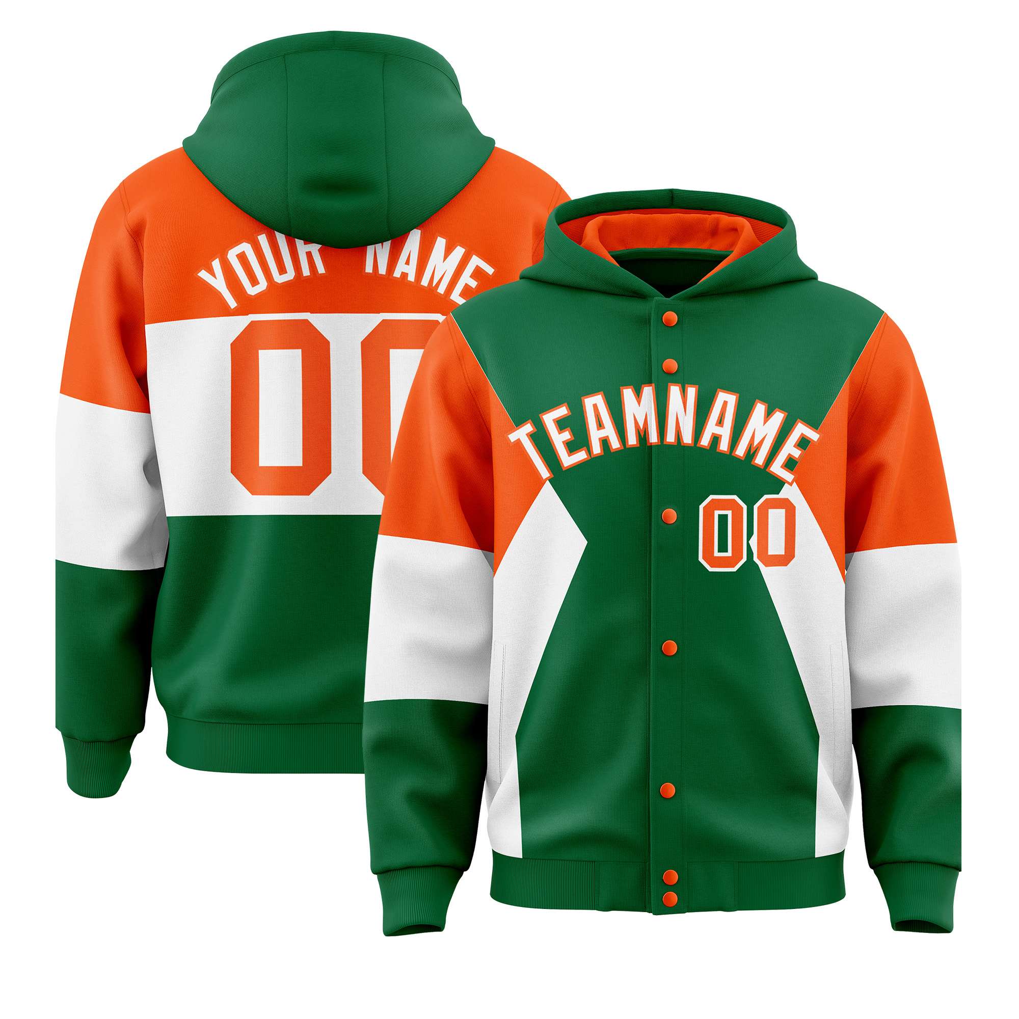 Custom Kelly Green Orange-White Color Block Varsity Full-Snap Letterman Hoodie Jacket