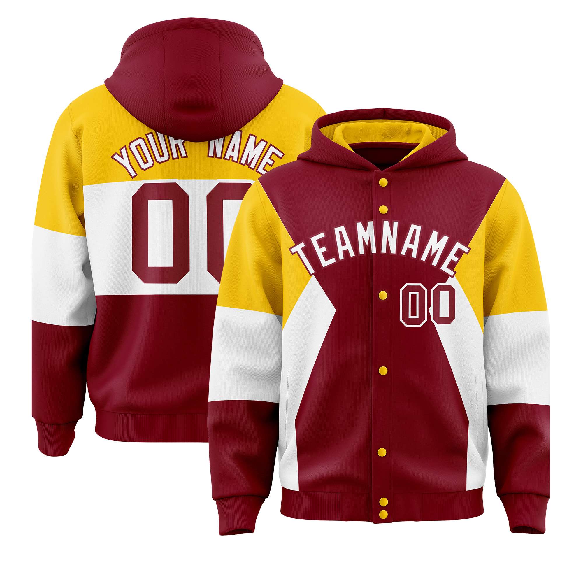 Custom Crimson Gold-White Color Block Varsity Full-Snap Letterman Hoodie Jacket