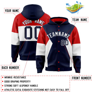 Custom Navy Red-White Color Block Varsity Full-Snap Letterman Hoodie Jacket