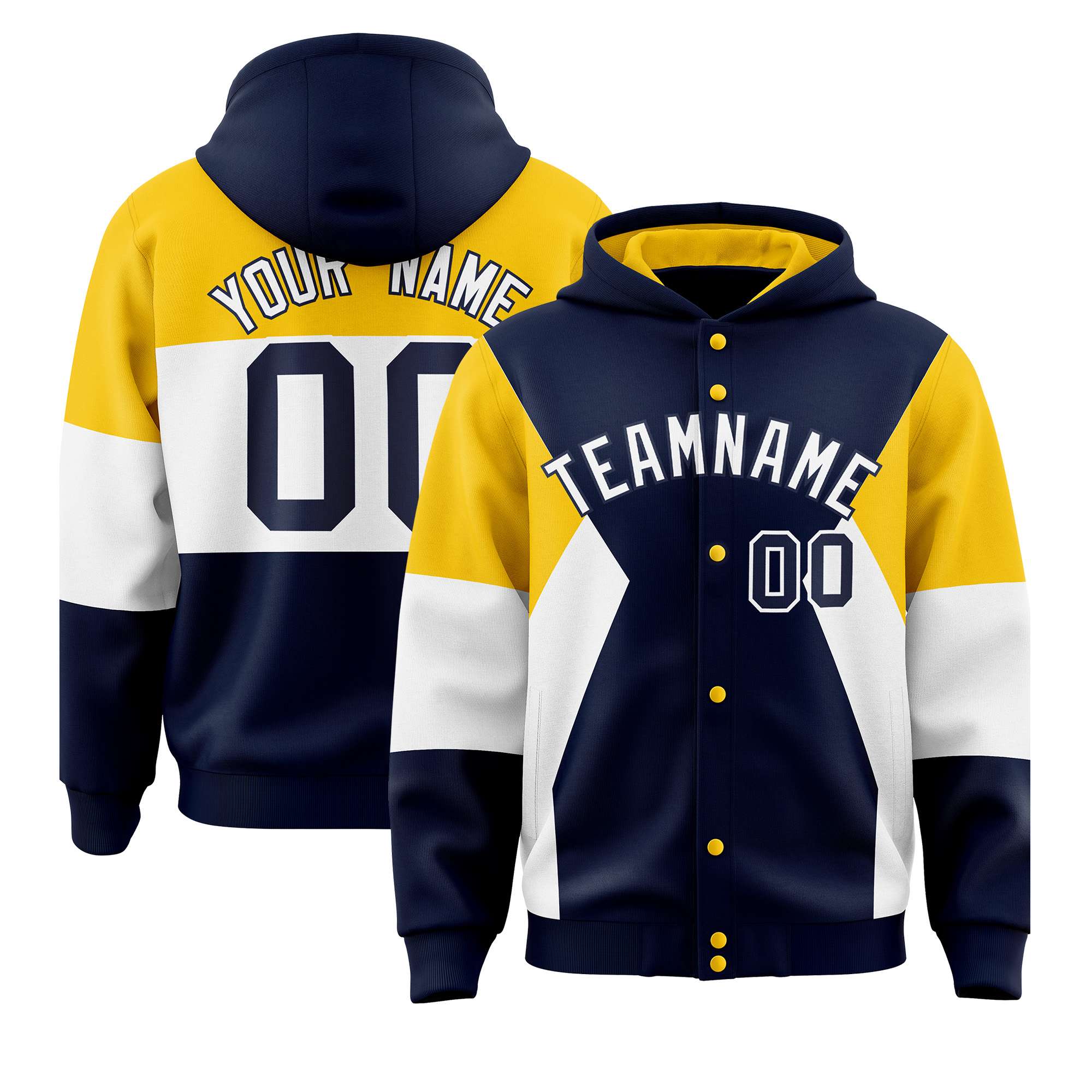 Custom Navy Gold-White Color Block Varsity Full-Snap Letterman Hoodie Jacket