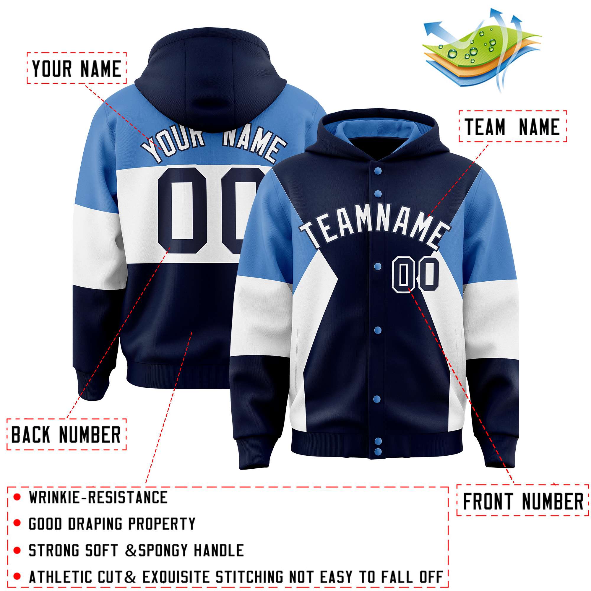 Custom Navy Light Blue-White Color Block Varsity Full-Snap Letterman Hoodie Jacket