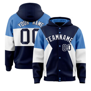 Custom Navy Light Blue-White Color Block Varsity Full-Snap Letterman Hoodie Jacket