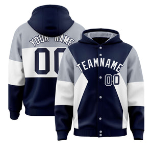 Custom Navy Silver-White Color Block Varsity Full-Snap Letterman Hoodie Jacket