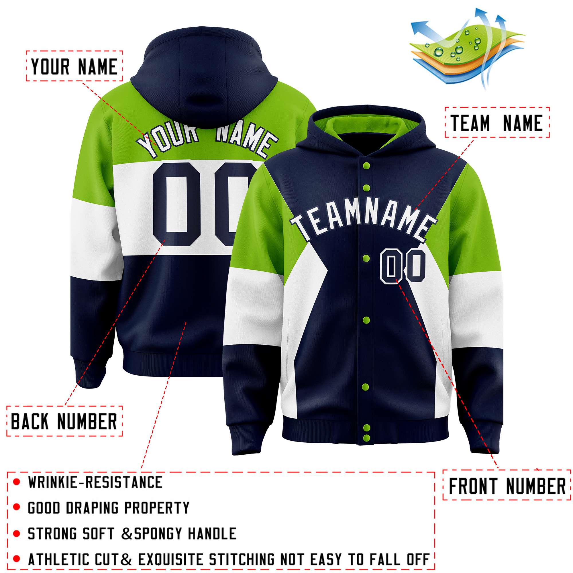 Custom Navy Neon Green-White Color Block Varsity Full-Snap Letterman Hoodie Jacket