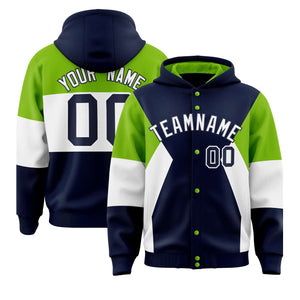 Custom Navy Neon Green-White Color Block Varsity Full-Snap Letterman Hoodie Jacket