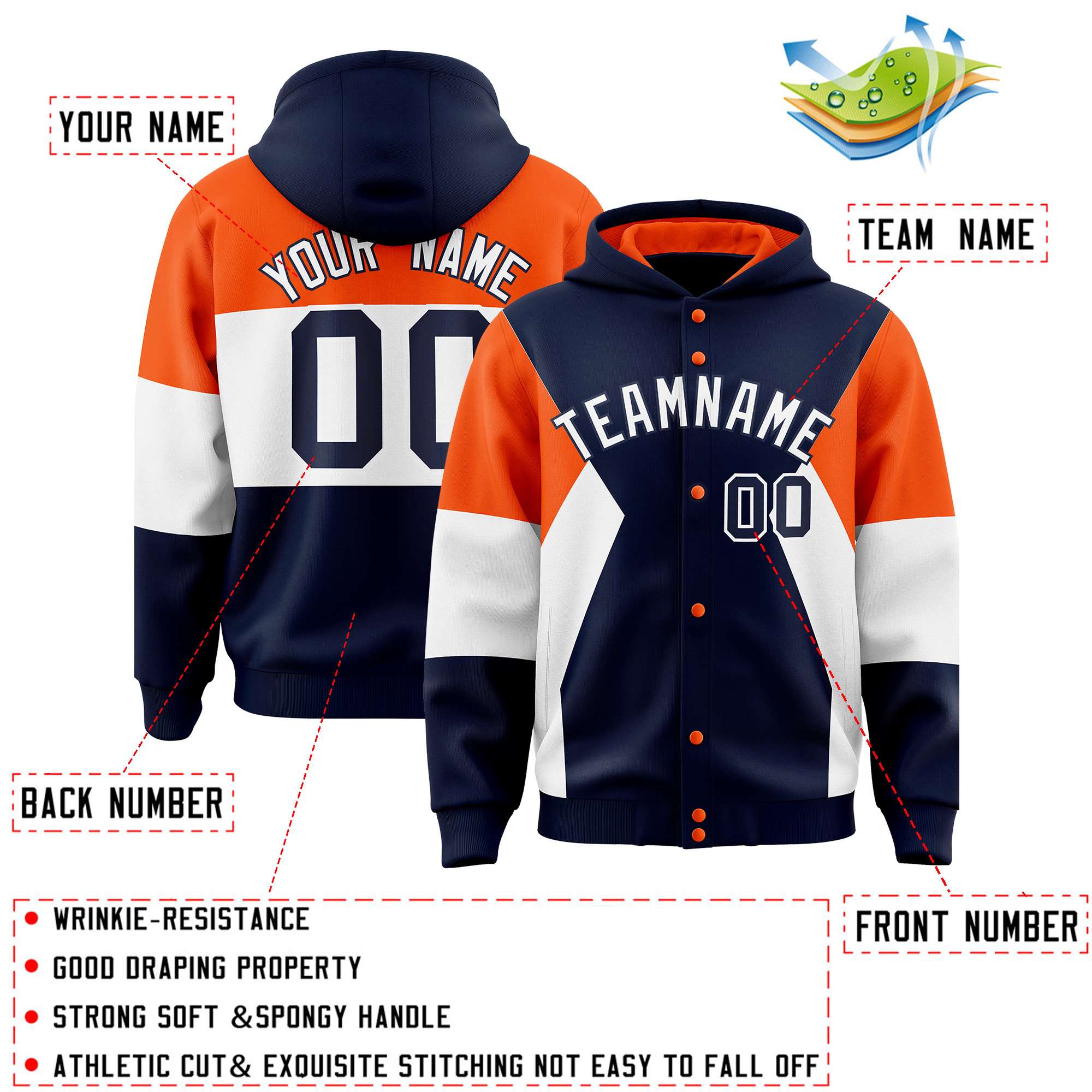 Custom Navy Orange-White Color Block Varsity Full-Snap Letterman Hoodie Jacket