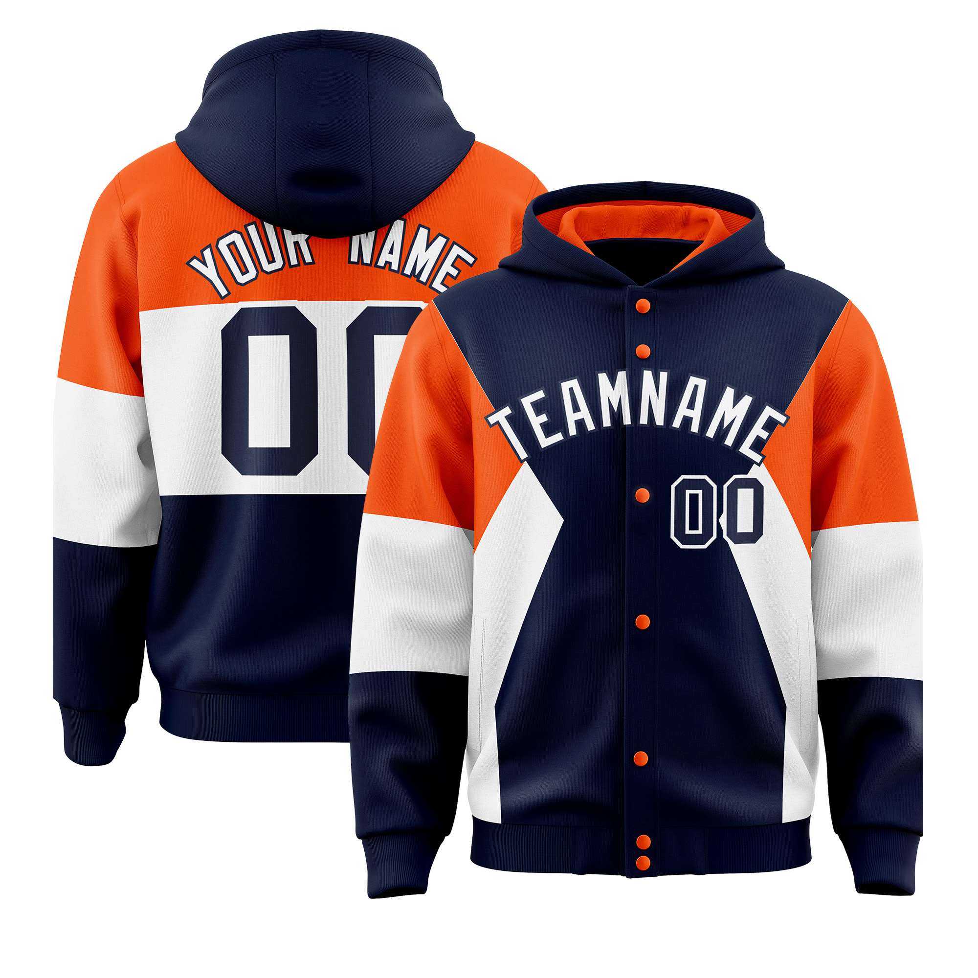 Custom Navy Orange-White Color Block Varsity Full-Snap Letterman Hoodie Jacket