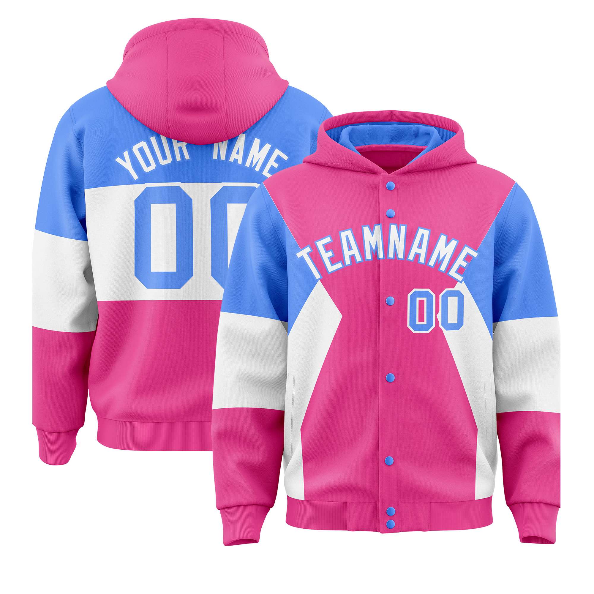 Custom Pink Powder Blue-White Color Block Varsity Full-Snap Letterman Hoodie Jacket