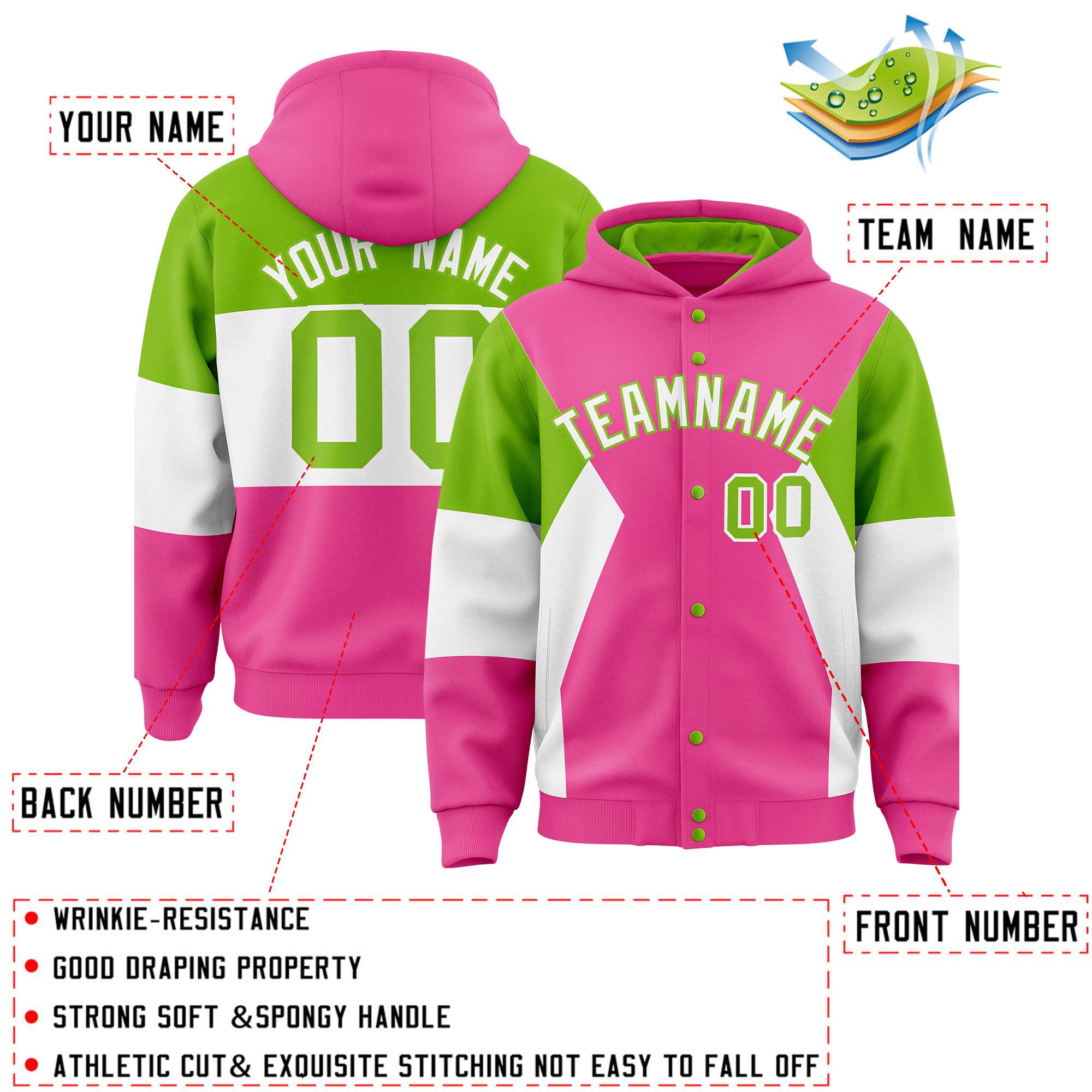 Custom Pink Neon Green-White Color Block Varsity Full-Snap Letterman Hoodie Jacket