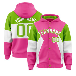 Custom Pink Neon Green-White Color Block Varsity Full-Snap Letterman Hoodie Jacket