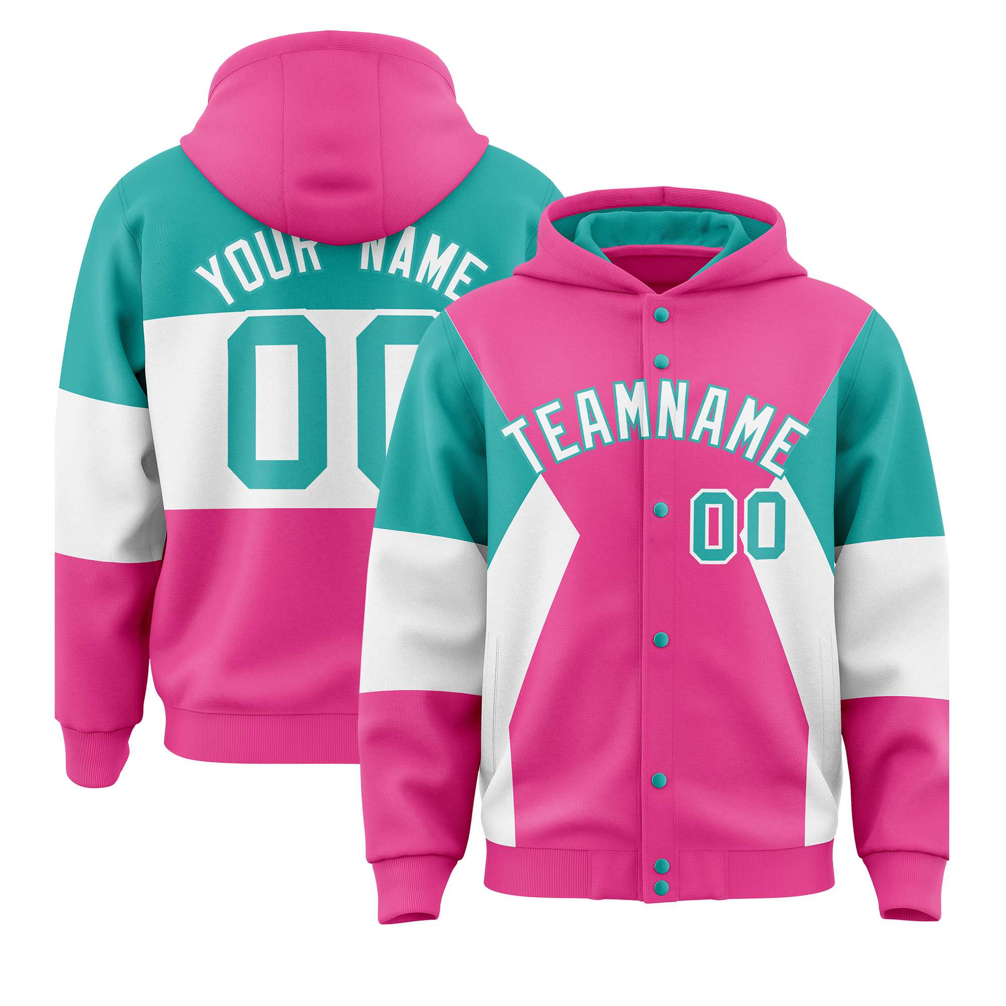 Custom Pink Aqua-White Color Block Varsity Full-Snap Letterman Hoodie Jacket