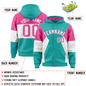 Custom Aqua Pink-White Color Block Varsity Full-Snap Letterman Hoodie Jacket