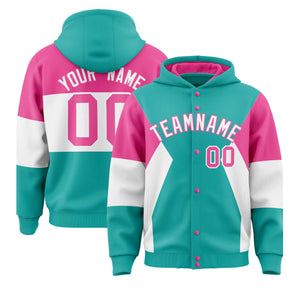 Custom Aqua Pink-White Color Block Varsity Full-Snap Letterman Hoodie Jacket