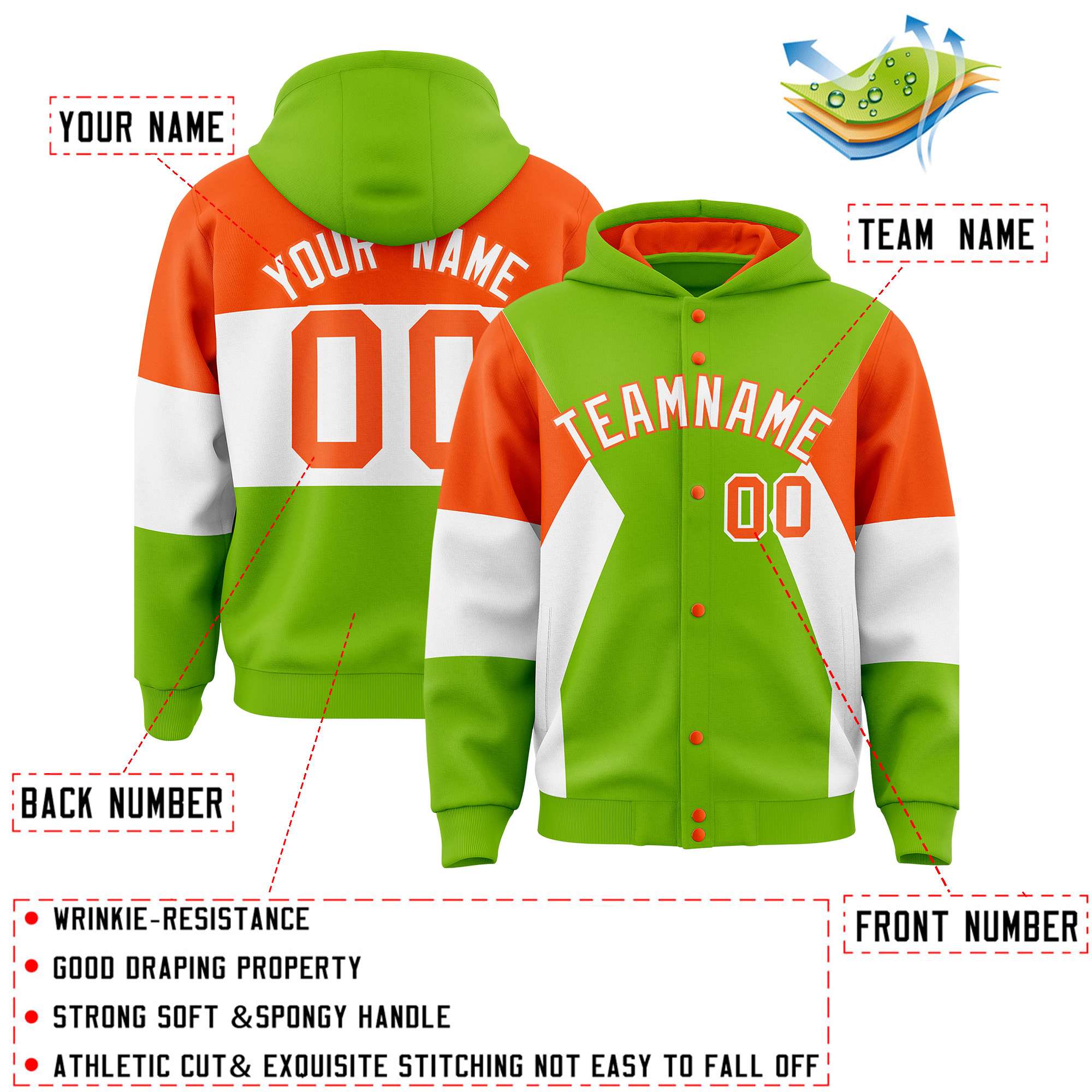 Custom Neon Green Orange-White Color Block Varsity Full-Snap Letterman Hoodie Jacket