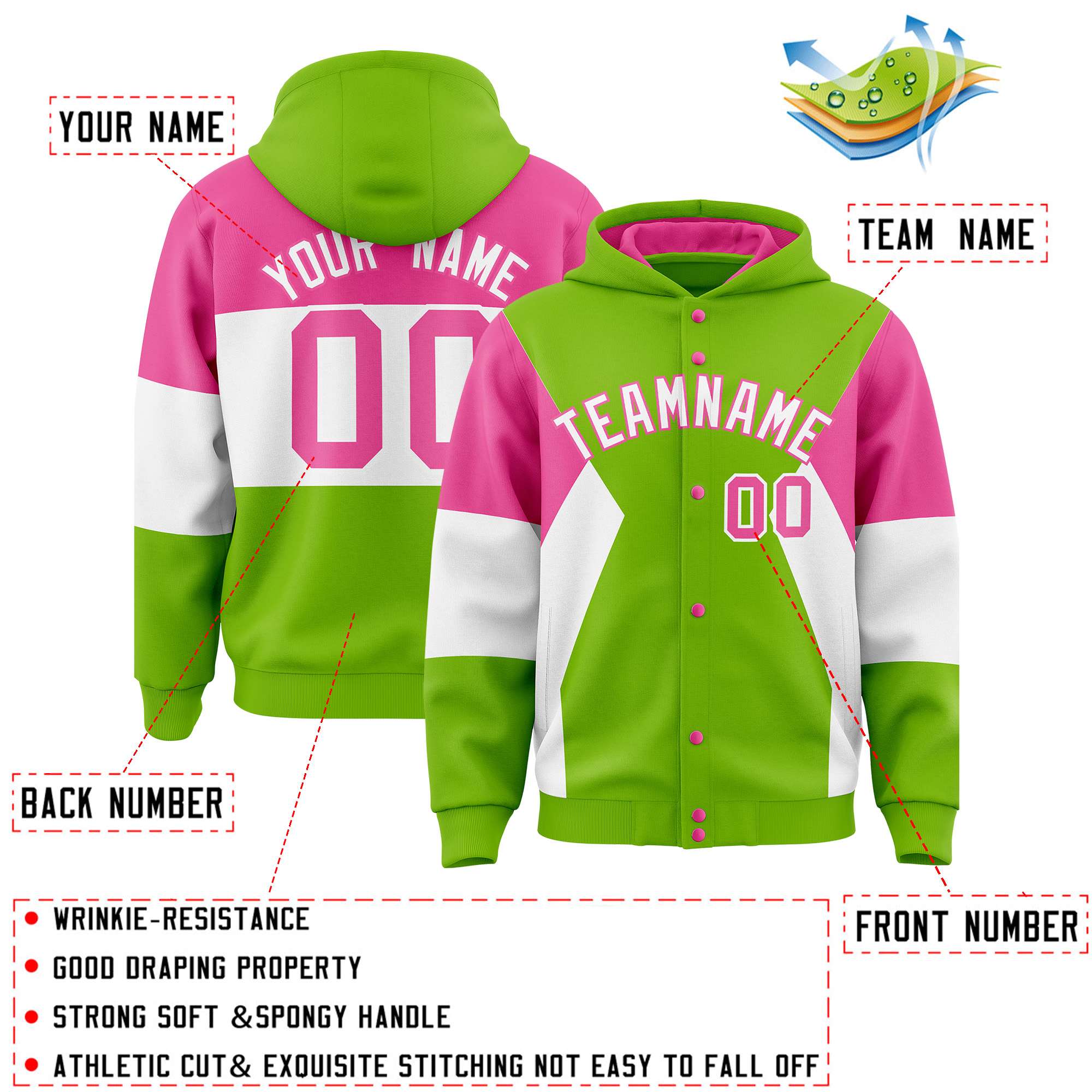 Custom Neon Green Pink-White Color Block Varsity Full-Snap Letterman Hoodie Jacket