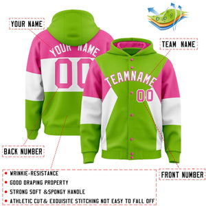 Custom Neon Green Pink-White Color Block Varsity Full-Snap Letterman Hoodie Jacket