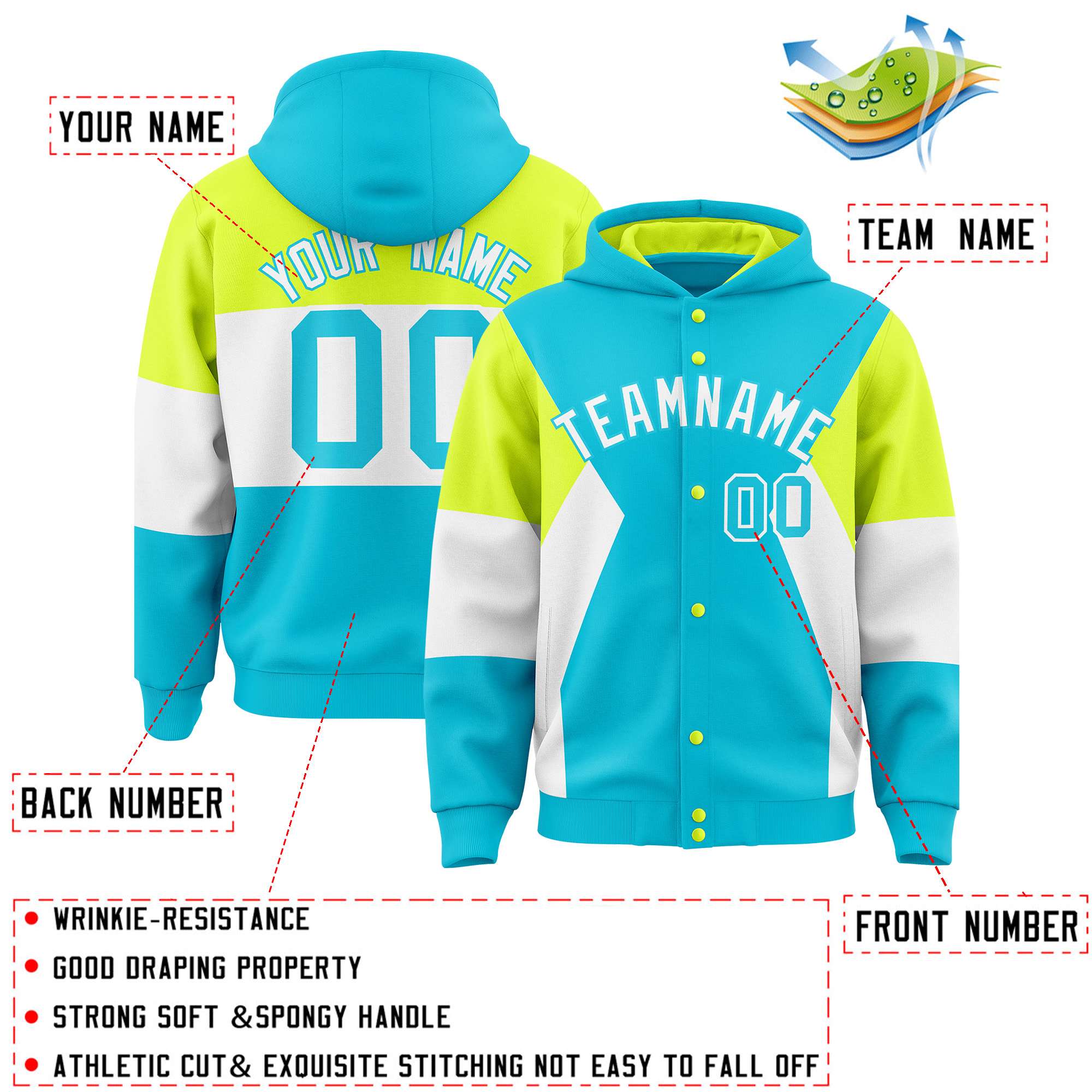 Custom Sky Blue Fluorescent Green-White Color Block Varsity Full-Snap Letterman Hoodie Jacket