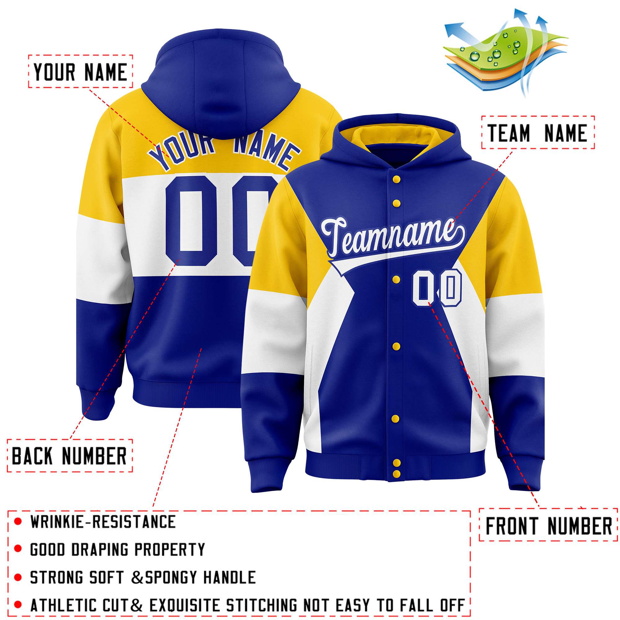 Custom Royal Gold-White Color Block Varsity Full-Snap Letterman Hoodie Jacket