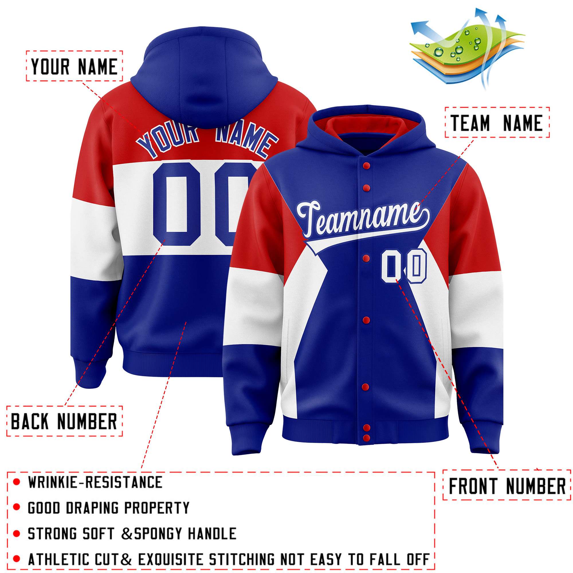 Custom Royal Red-White Color Block Varsity Full-Snap Letterman Hoodie Jacket