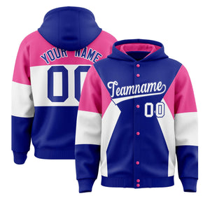 Custom Royal Pink-White Color Block Varsity Full-Snap Letterman Hoodie Jacket