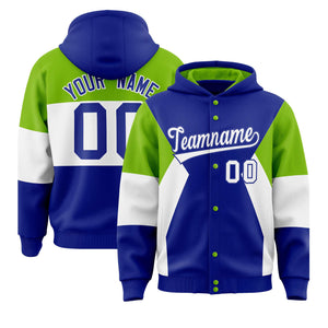 Custom Royal Neon Green-White Color Block Varsity Full-Snap Letterman Hoodie Jacket