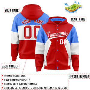 Custom Red Powder Blue-White Color Block Varsity Full-Snap Letterman Hoodie Jacket