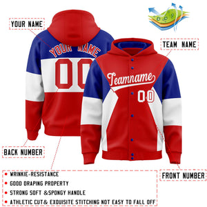 Custom Red Royal-White Color Block Varsity Full-Snap Letterman Hoodie Jacket