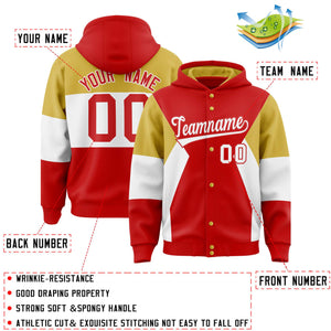 Custom Red Old Gold-White Color Block Varsity Full-Snap Letterman Hoodie Jacket