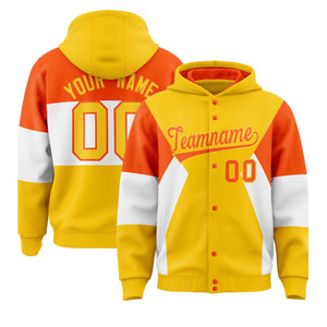 Custom Gold Orange-White Color Block Varsity Full-Snap Letterman Hoodie Jacket