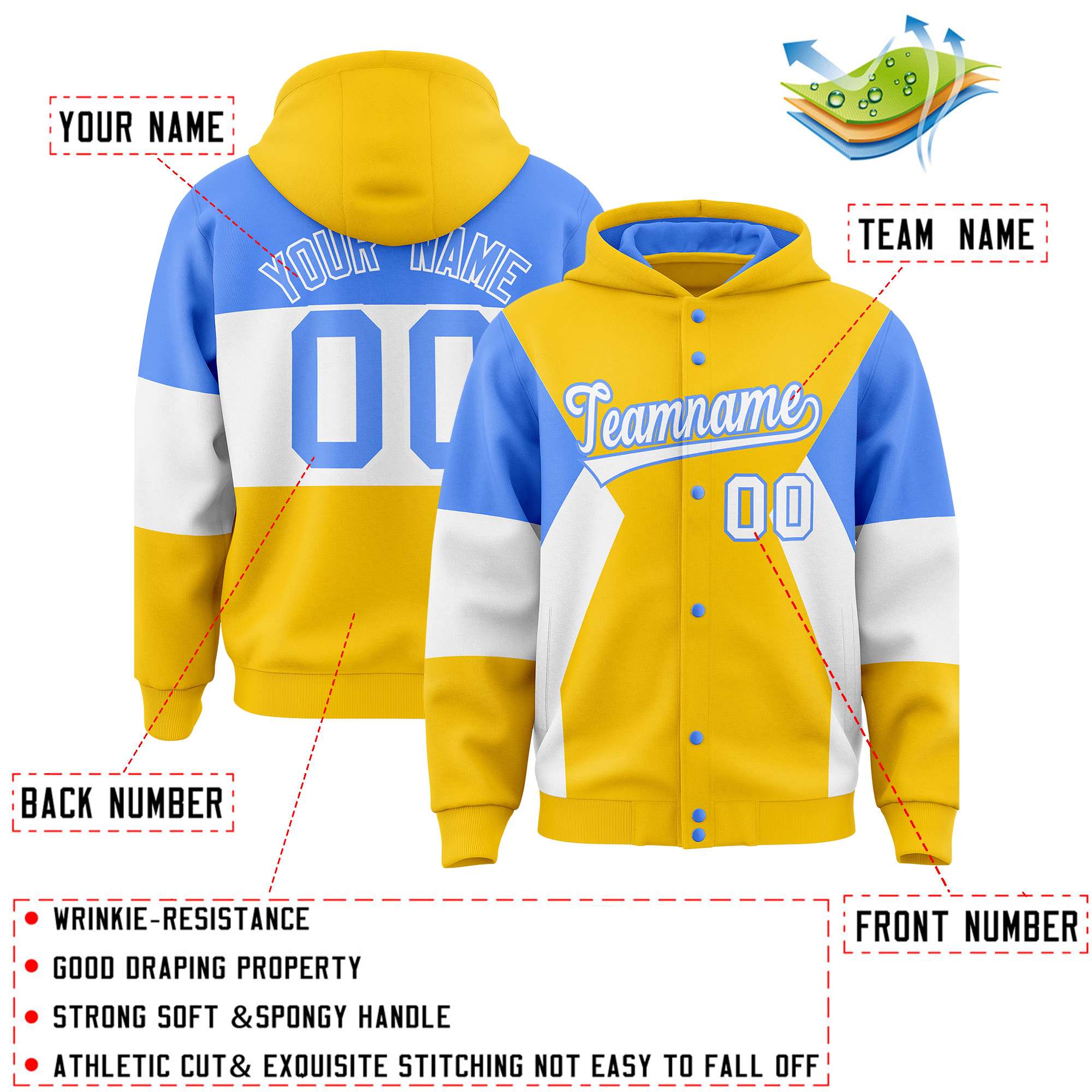 Custom Gold Powder Blue-White Color Block Varsity Full-Snap Letterman Hoodie Jacket