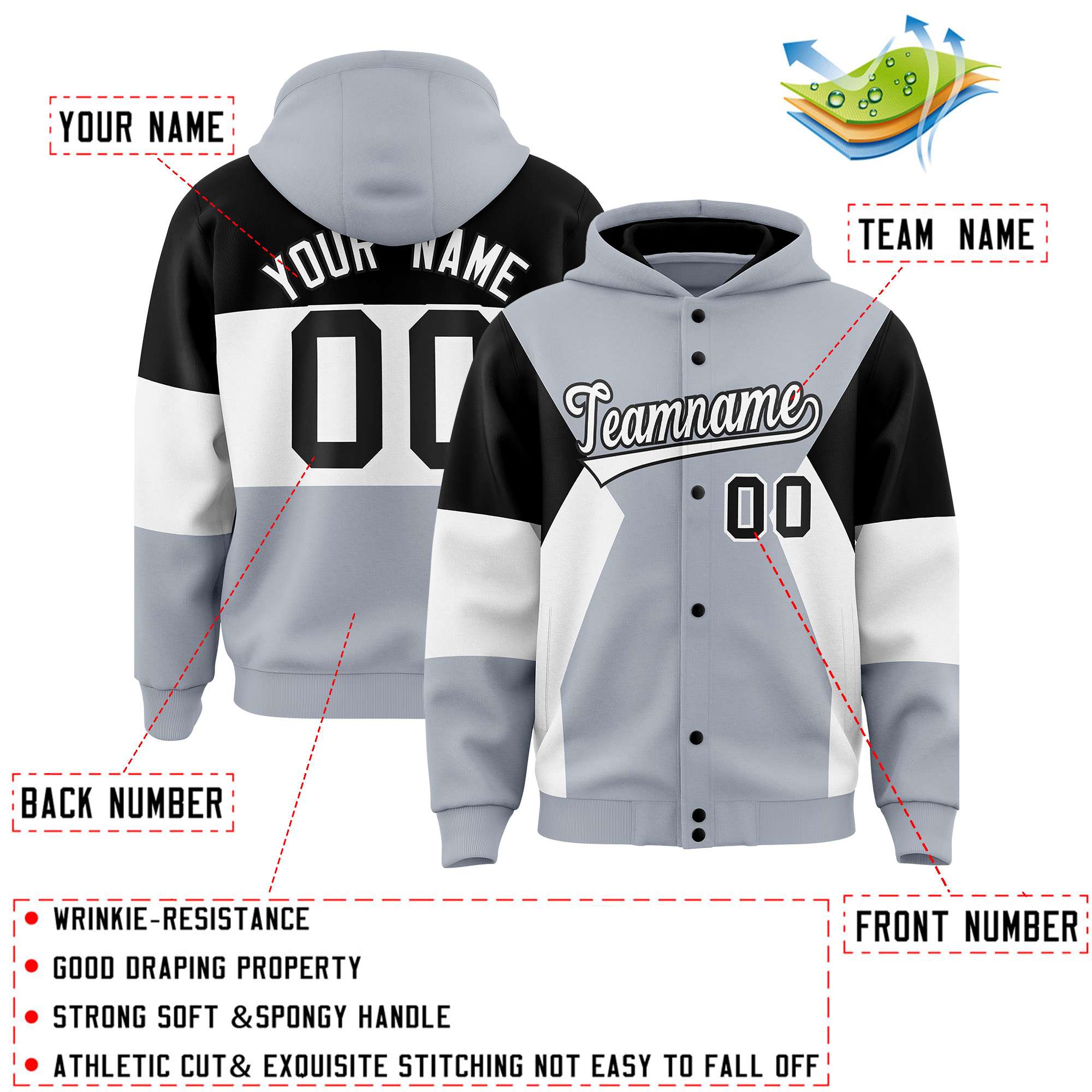 Custom Silver Black-White Color Block Varsity Full-Snap Letterman Hoodie Jacket