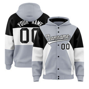 Custom Silver Black-White Color Block Varsity Full-Snap Letterman Hoodie Jacket