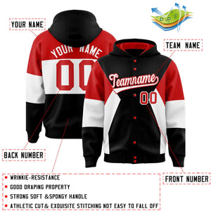 Custom Black Red-White Color Block Varsity Full-Snap Letterman Hoodie Jacket