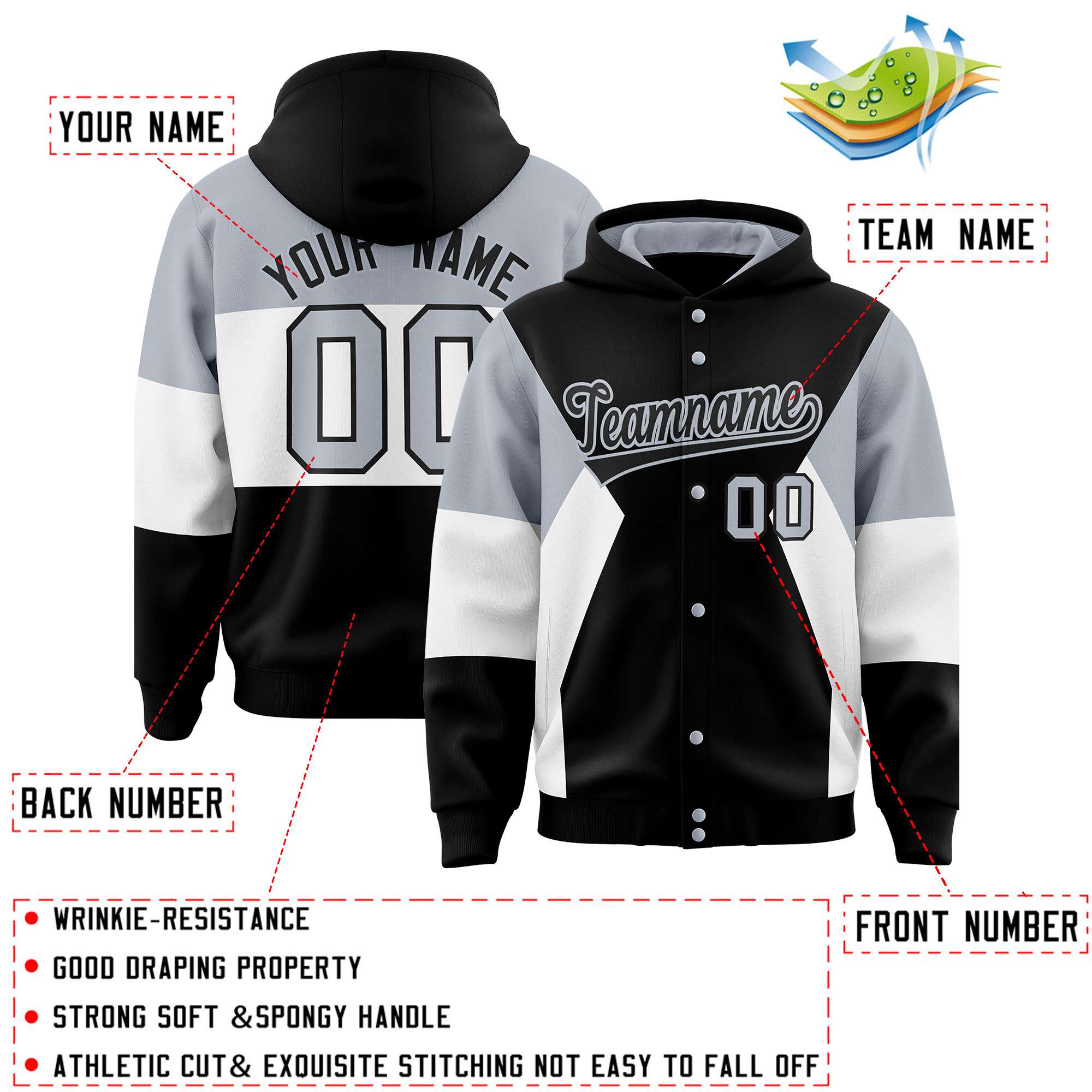 Custom Black Silver-White Color Block Varsity Full-Snap Letterman Hoodie Jacket