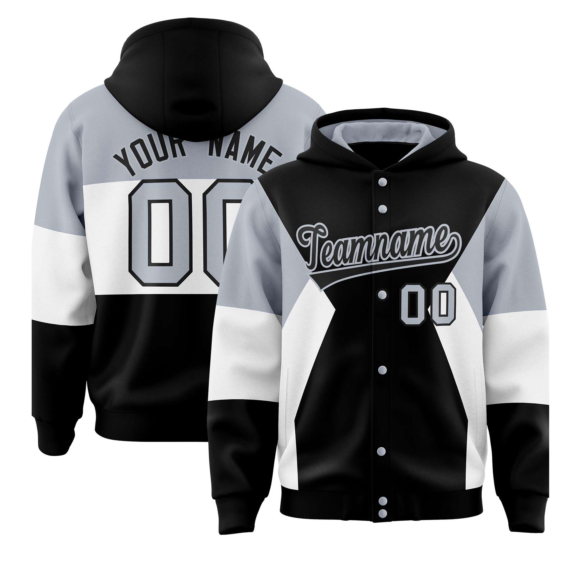 Custom Black Silver-White Color Block Varsity Full-Snap Letterman Hoodie Jacket