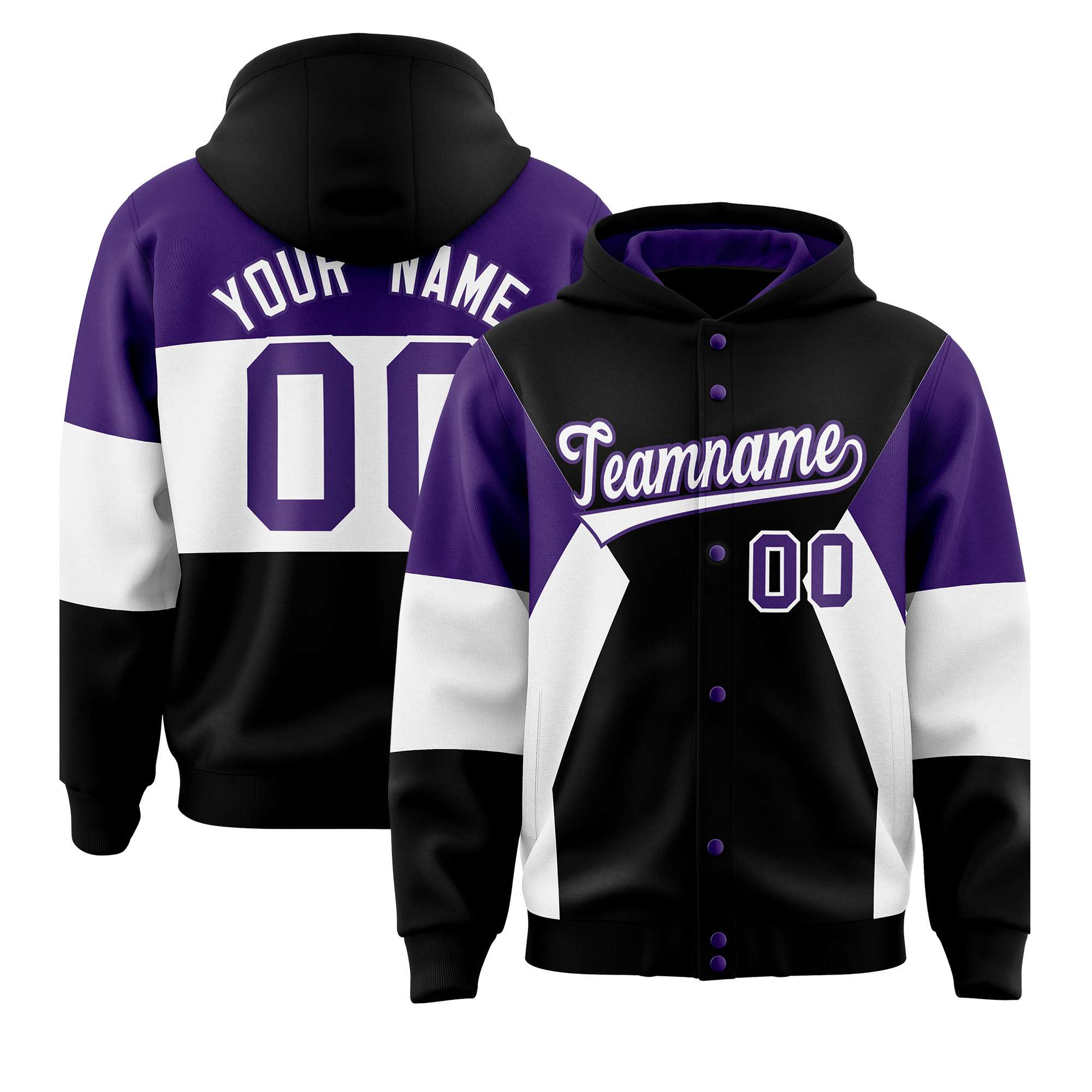 Custom Black Purple-White Color Block Varsity Full-Snap Letterman Hoodie Jacket