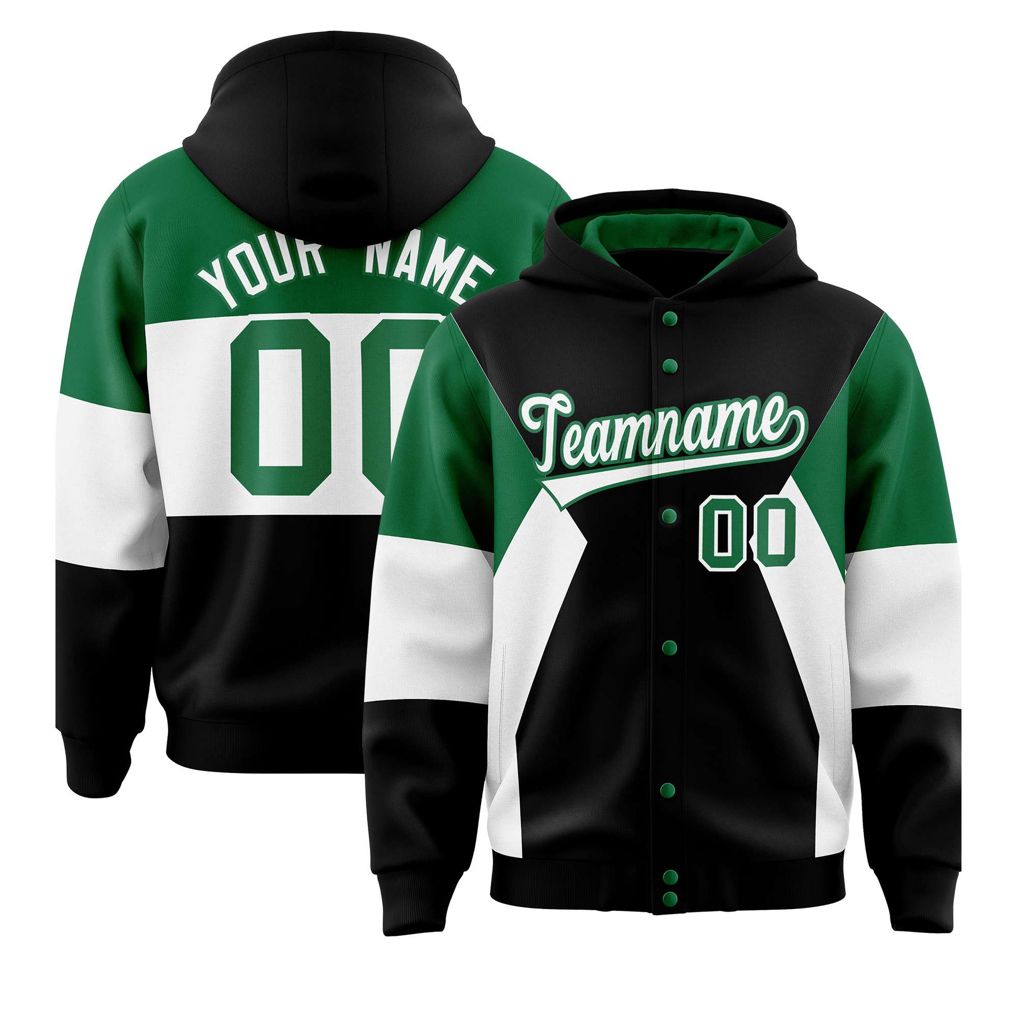 Custom Black Kelly Green-White Color Block Varsity Full-Snap Letterman Hoodie Jacket