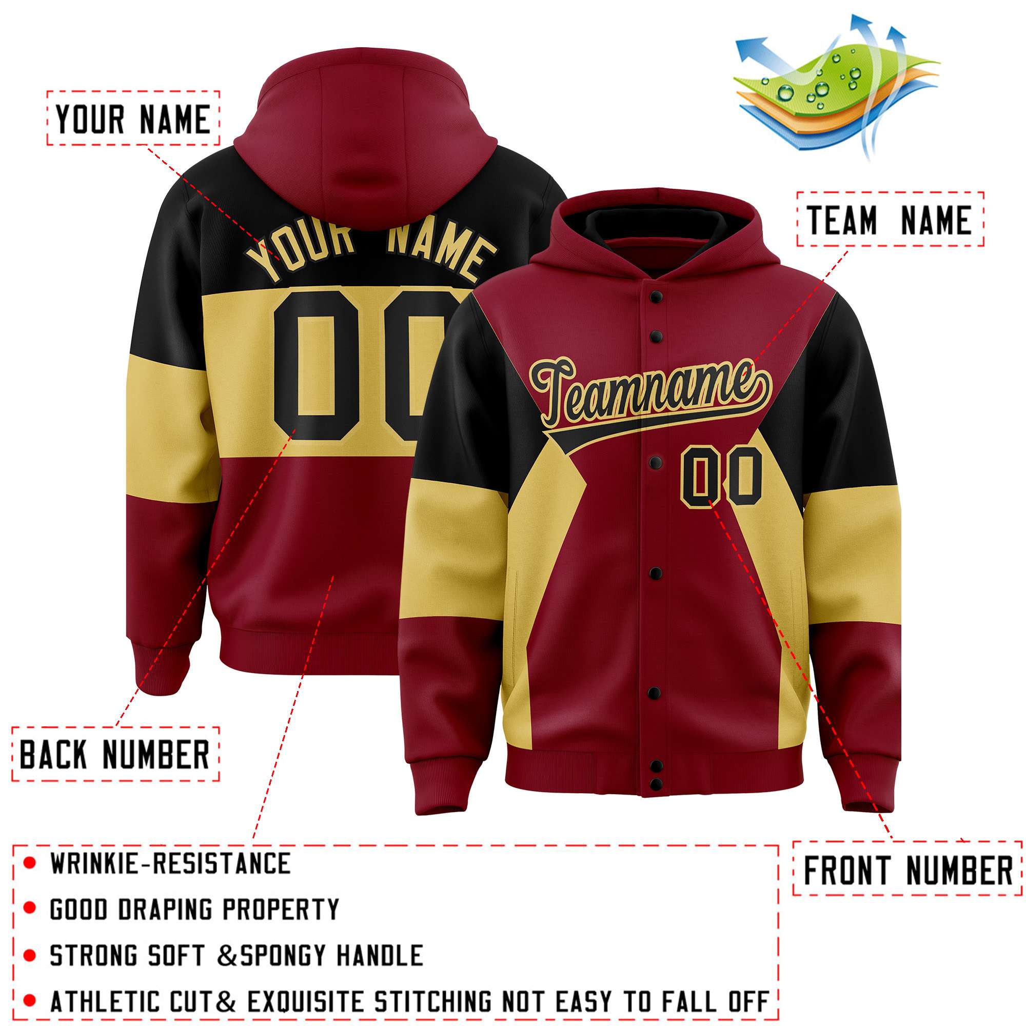 Custom Crimson Black-Khaki Color Block Varsity Full-Snap Letterman Hoodie Jacket