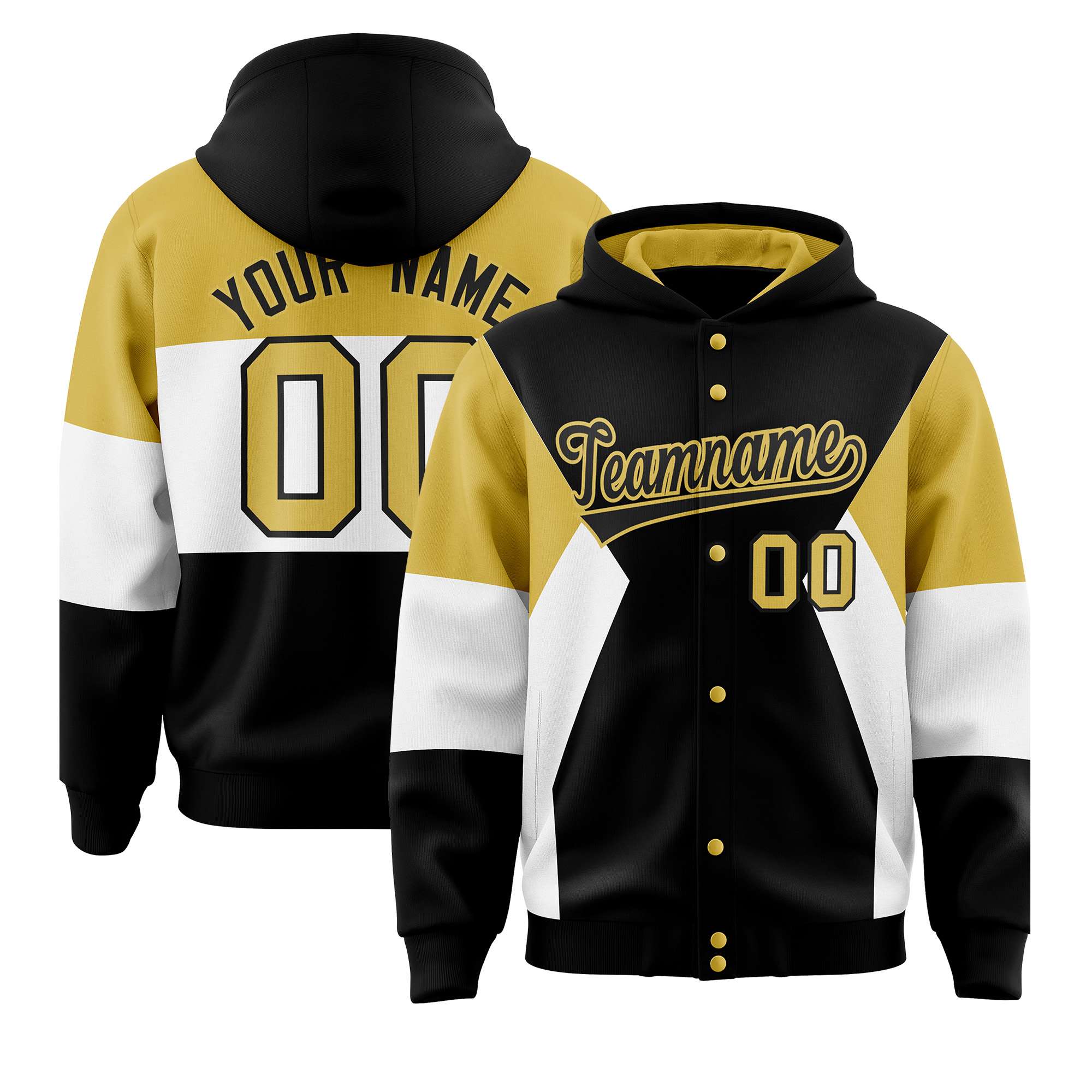 Custom Black Old Gold-White Color Block Varsity Full-Snap Letterman Hoodie Jacket