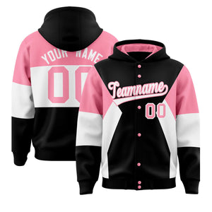 Custom Black Light Pink-White Color Block Varsity Full-Snap Letterman Hoodie Jacket