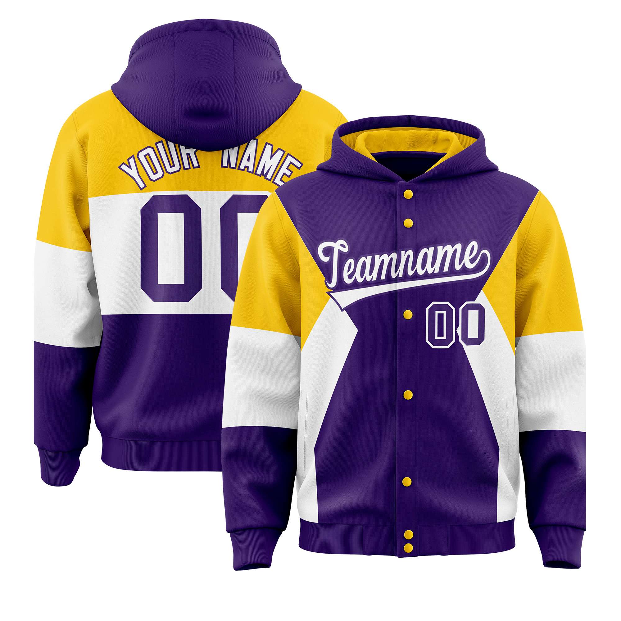 Custom Purple Gold-White Color Block Varsity Full-Snap Letterman Hoodie Jacket