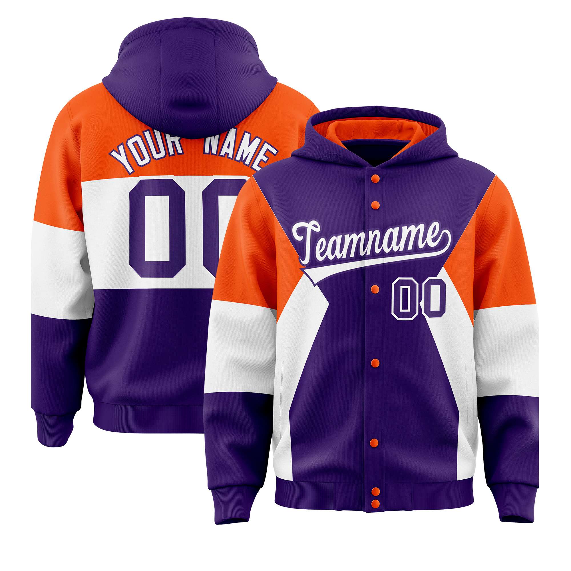 Custom Purple Orange-White Color Block Varsity Full-Snap Letterman Hoodie Jacket