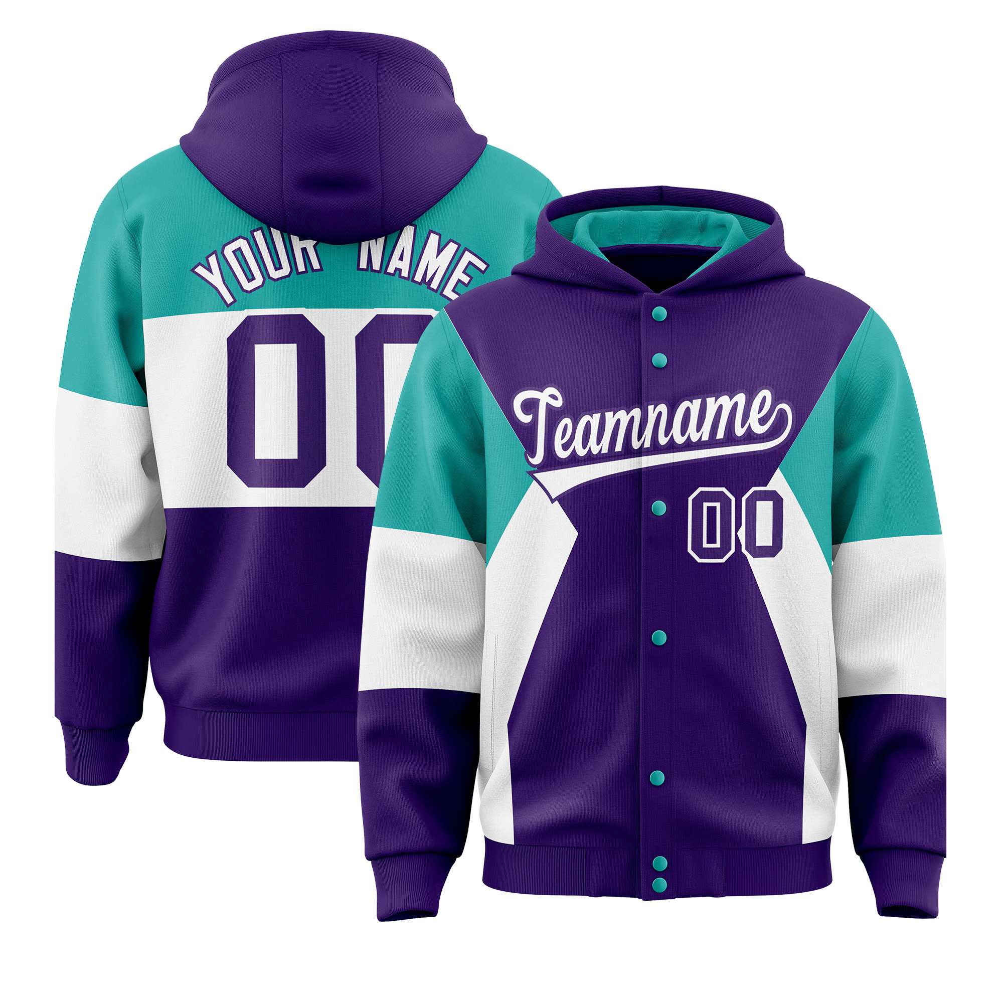 Custom Purple Aqua-White Color Block Varsity Full-Snap Letterman Hoodie Jacket