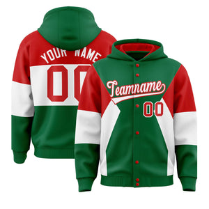 Custom Kelly Green Red-White Color Block Varsity Full-Snap Letterman Hoodie Jacket