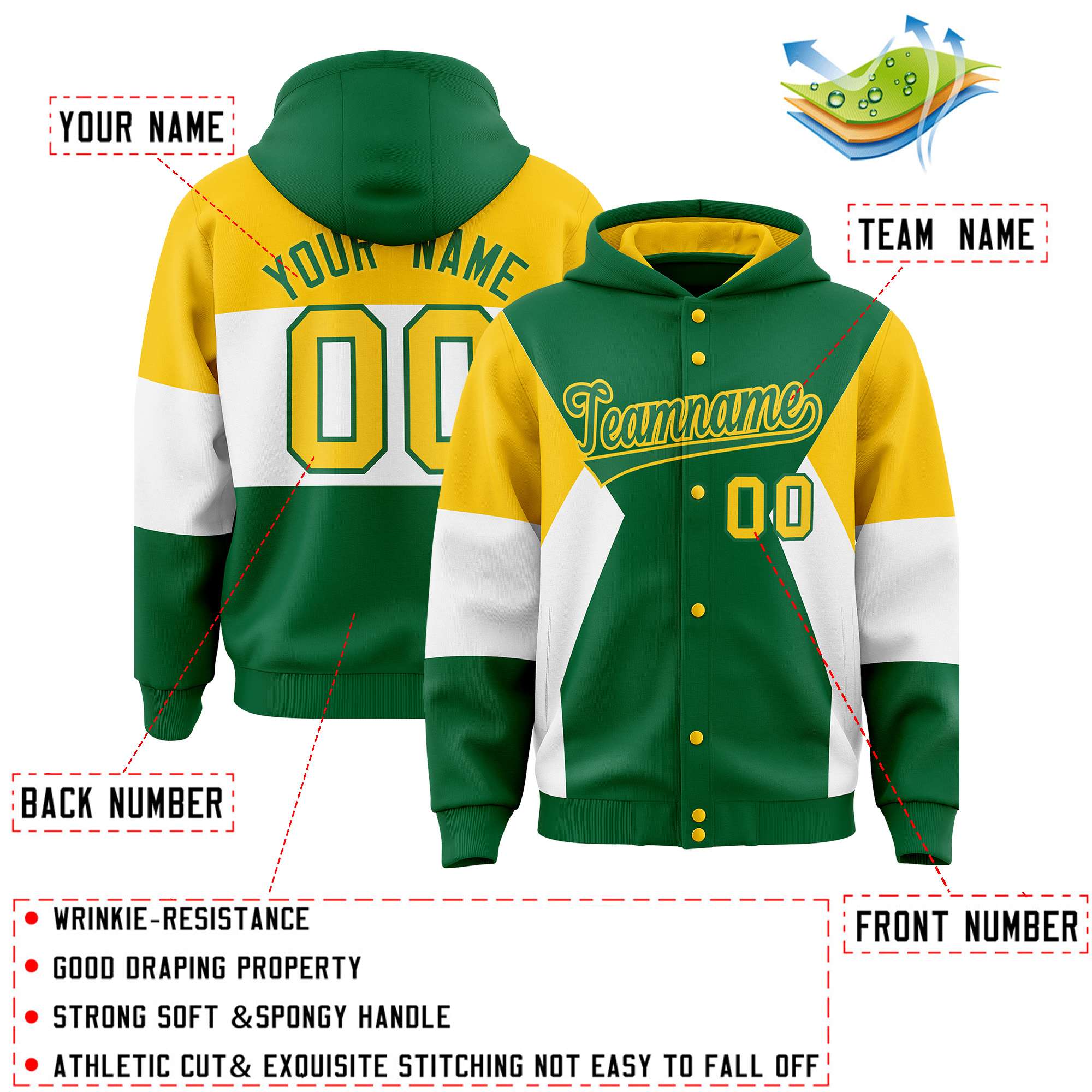 Custom Kelly Green Gold-White Color Block Varsity Full-Snap Letterman Hoodie Jacket