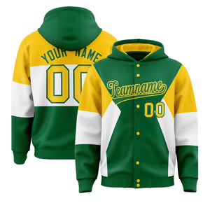 Custom Kelly Green Gold-White Color Block Varsity Full-Snap Letterman Hoodie Jacket