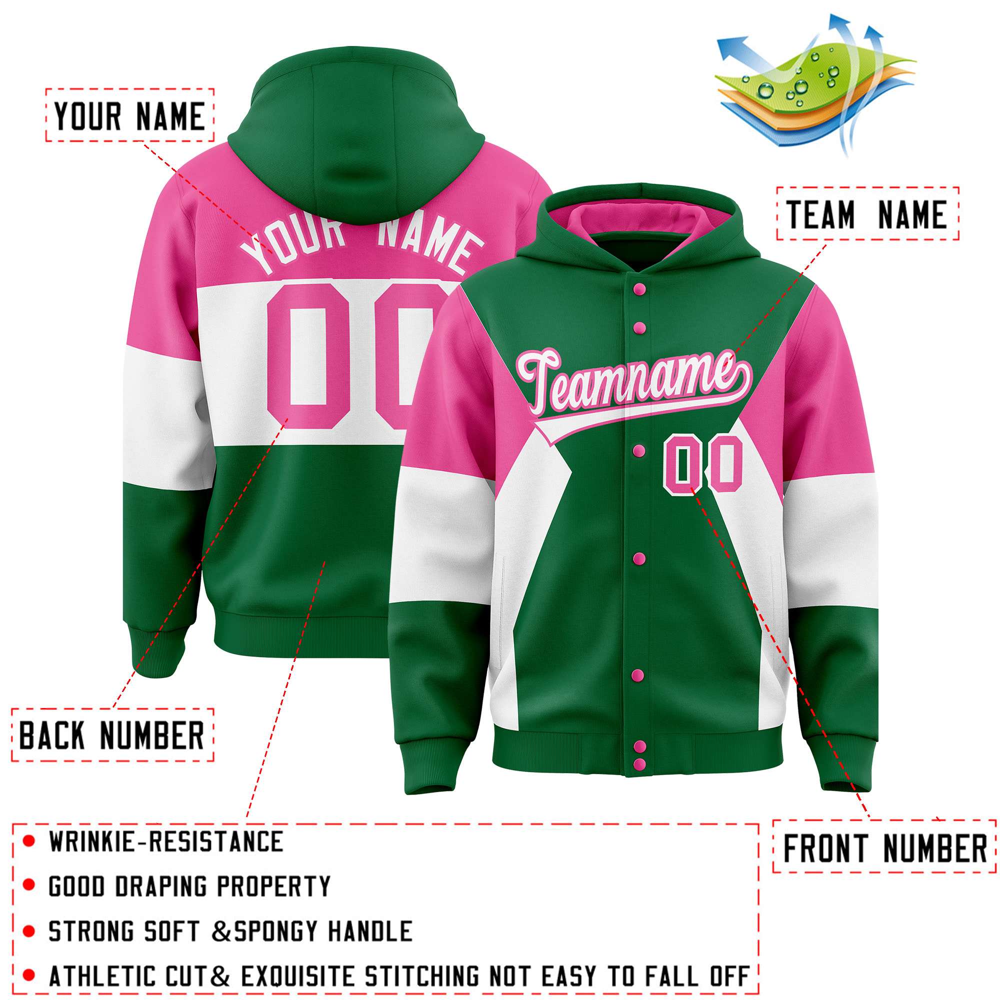 Custom Kelly Green Pink-White Color Block Varsity Full-Snap Letterman Hoodie Jacket