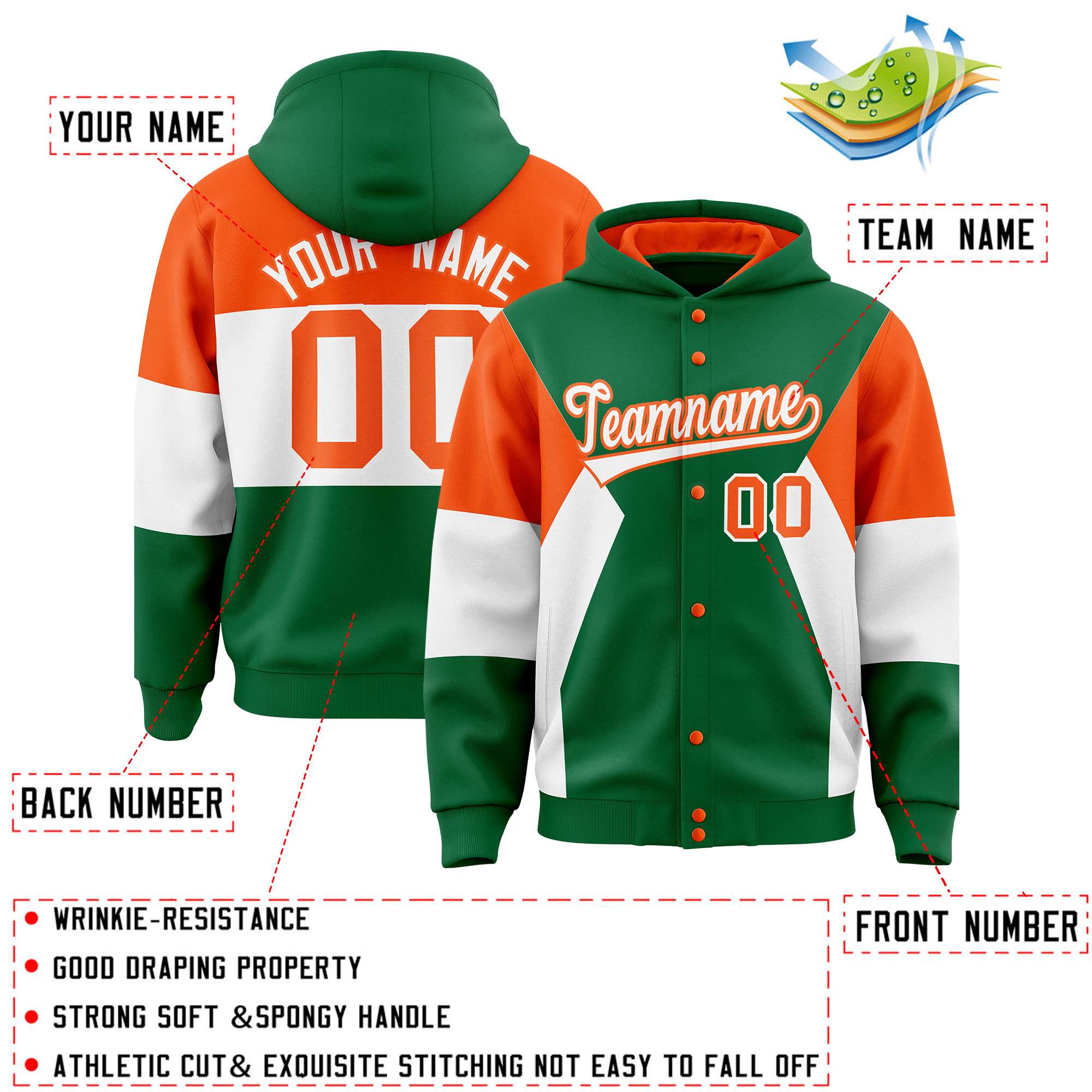 Custom Kelly Green Orange-White Color Block Varsity Full-Snap Letterman Hoodie Jacket