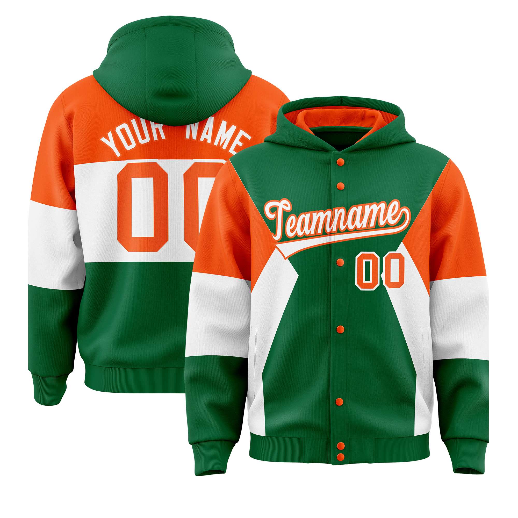 Custom Kelly Green Orange-White Color Block Varsity Full-Snap Letterman Hoodie Jacket