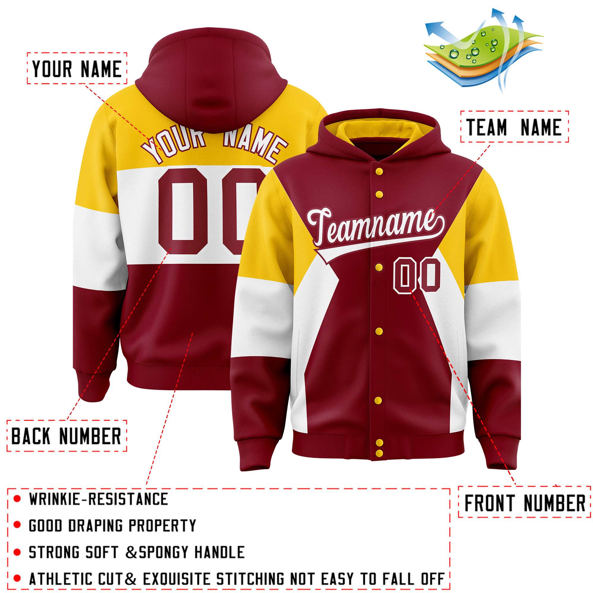 Custom Crimson Gold-White Color Block Varsity Full-Snap Letterman Hoodie Jacket